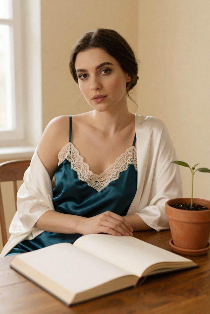Fictional 26-year-old woman in a deep teal satin camisole at a desk with an open blank biography and a potted sapling